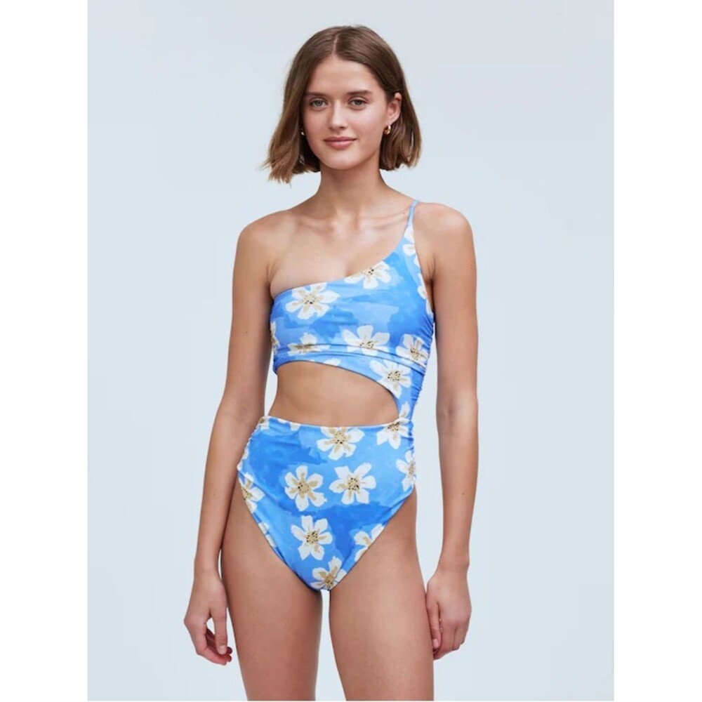 Zulu & Zephyr Hawaii Ruched One Piece Swimsuit Size 2 Blue Cut Out Floral